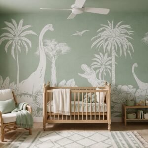 Empapelado infantil Monochrome Dino Green de ALCHEMYST aplicado en un cuarto de bebé
