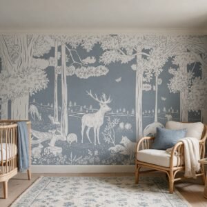 Empapelado infantil Monochrome Forest Blue de ALCHEMYST aplicado en un cuarto de bebé