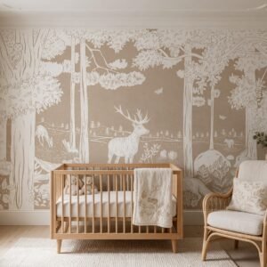 Empapelado infantil Monochrome Forest Brown de ALCHEMYST aplicado en un cuarto de bebé