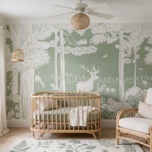 Empapelado infantil Monochrome Forest Green de ALCHEMYST aplicado en un cuarto de bebé