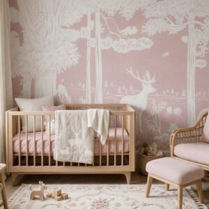 Empapelado infantil Monochrome Forest Pink de ALCHEMYST aplicado en un cuarto de bebé