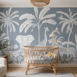 Empapelado infantil Monochrome Jungle Blue de ALCHEMYST aplicado en un cuarto de bebé