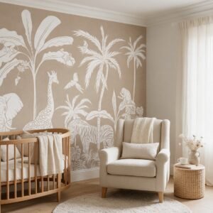Empapelado infantil Monochrome Jungle Brown de ALCHEMYST aplicado en un cuarto de bebé