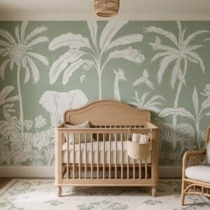 Empapelado infantil Monochrome Jungle Green de ALCHEMYST aplicado en un cuarto de bebé