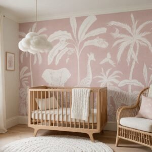 Empapelado infantil Monochrome Jungle Pink de ALCHEMYST aplicado en un cuarto de bebé