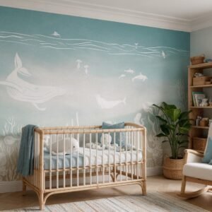 Empapelado infantil Monochrome Sea Aqua de ALCHEMYST aplicado en un cuarto de bebé