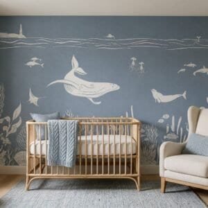 Empapelado infantil Monochrome Sea Blue de ALCHEMYST aplicado en un cuarto de bebé