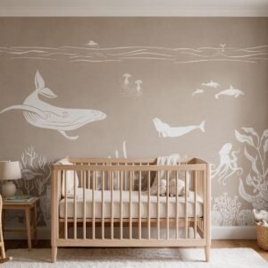 Empapelado infantil Monochrome Sea Brown de ALCHEMYST aplicado en un cuarto de bebé