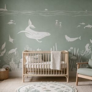 Empapelado infantil Monochrome Sea Green de ALCHEMYST aplicado en un cuarto de bebé