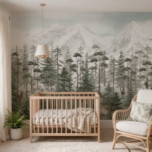 Empapelado infantil Mountain Forest 1 de ALCHEMYST aplicado en un cuarto de bebé