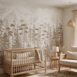 Empapelado infantil Mountain Forest 2 de ALCHEMYST aplicado en un cuarto de bebé