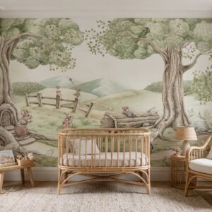 Empapelado infantil Mousse Family de ALCHEMYST aplicado en un cuarto de bebé