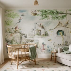 Empapelado infantil Neverland de ALCHEMYST aplicado en un cuarto de bebé