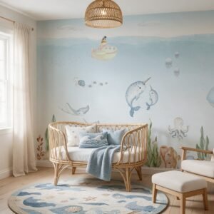 Empapelado infantil Ocean Joy 1 de ALCHEMYST aplicado en un cuarto de bebé