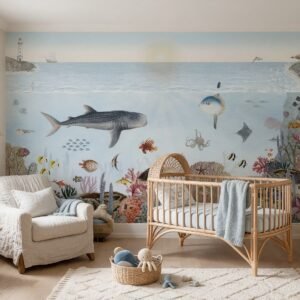 Empapelado infantil Ocean Lookbook 1 de ALCHEMYST aplicado en un cuarto de bebé