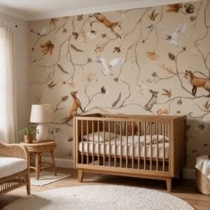 Empapelado infantil Playful Forest Beige de ALCHEMYST aplicado en un cuarto de bebé