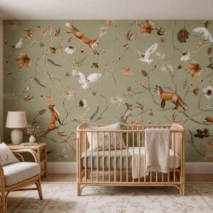 Empapelado infantil Playful Forest Green de ALCHEMYST aplicado en un cuarto de bebé