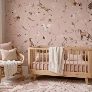 Empapelado infantil Playful Forest Monochrome Pink de ALCHEMYST aplicado en un cuarto de bebé