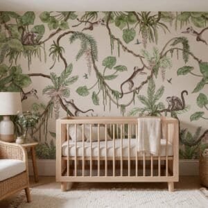 Empapelado infantil Playful Monkeys Beige de ALCHEMYST aplicado en un cuarto de bebé