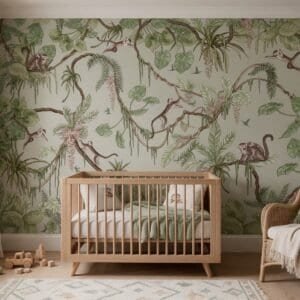 Empapelado infantil Playful Monkeys Green de ALCHEMYST aplicado en un cuarto de bebé