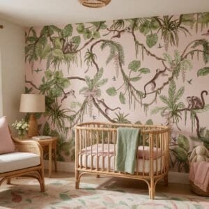 Empapelado infantil Playful Monkeys Pink de ALCHEMYST aplicado en un cuarto de bebé