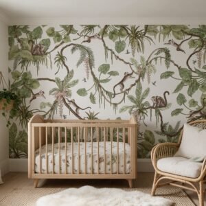 Empapelado infantil Playful Monkeys White de ALCHEMYST aplicado en un cuarto de bebé