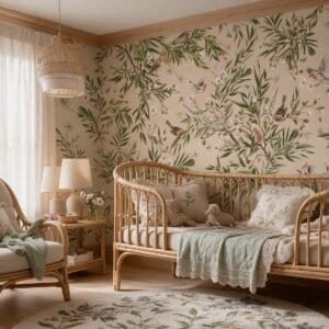 Empapelado infantil Playful Robins Beige de ALCHEMYST aplicado en un cuarto de bebé