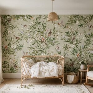 Empapelado infantil Playful Robins Green de ALCHEMYST aplicado en un cuarto de bebé