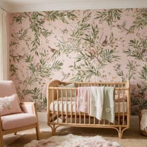 Empapelado infantil Playful Robins Pink de ALCHEMYST aplicado en un cuarto de bebé