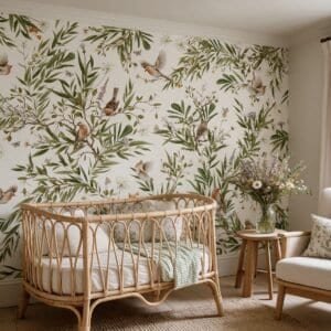 Empapelado infantil Playful Robins White de ALCHEMYST aplicado en un cuarto de bebé