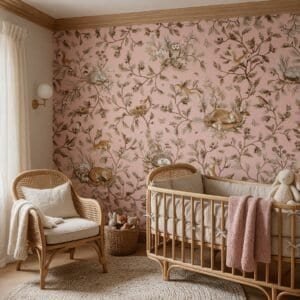 Empapelado infantil Playful Woods Vintage Pink de ALCHEMYST aplicado en un cuarto de bebé