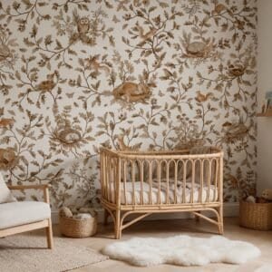 Empapelado infantil Playful Woods Vintage White de ALCHEMYST aplicado en un cuarto de bebé