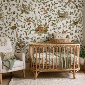 Empapelado infantil Playful Woods White de ALCHEMYST aplicado en un cuarto de bebé