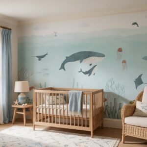 Empapelado infantil Sensational Sea Blue de ALCHEMYST aplicado en un cuarto de bebé