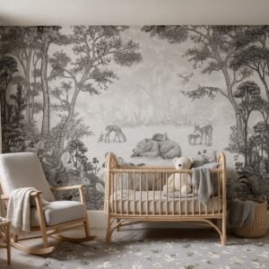 Empapelado infantil Sleepy Bear Grey de ALCHEMYST aplicado en un cuarto de bebé