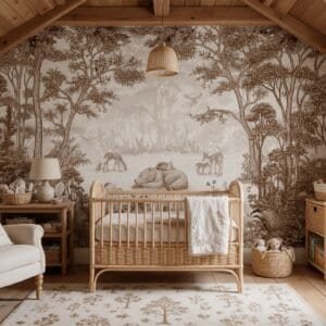 Empapelado infantil Sleepy Bear Sepia de ALCHEMYST aplicado en un cuarto de bebé
