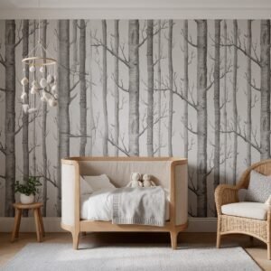 Empapelado infantil Tree Line 1 de ALCHEMYST aplicado en un cuarto de bebé