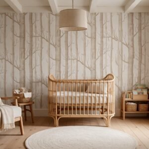 Empapelado infantil Tree Line 2 de ALCHEMYST aplicado en un cuarto de bebé