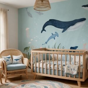 Empapelado infantil Under The Sea 2 de ALCHEMYST aplicado en un cuarto de bebé