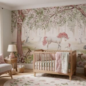 Empapelado infantil Unicorn Forest Green de ALCHEMYST aplicado en un cuarto de bebé