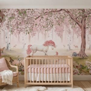 Empapelado infantil Unicorn Forest Pink de ALCHEMYST aplicado en un cuarto de bebé