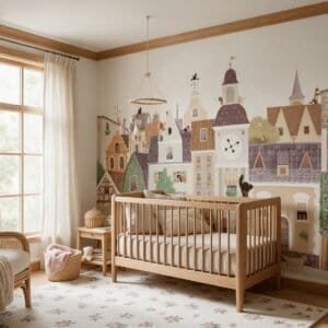Empapelado infantil Village Cats 1 de ALCHEMYST aplicado en un cuarto de bebé