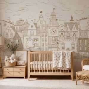 Empapelado infantil Village Cats 2 Sepia de ALCHEMYST aplicado en un cuarto de bebé