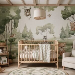 Empapelado infantil Woodland Joy 1 de ALCHEMYST aplicado en un cuarto de bebé