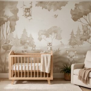 Empapelado infantil Woodland Joy 2 de ALCHEMYST aplicado en un cuarto de bebé